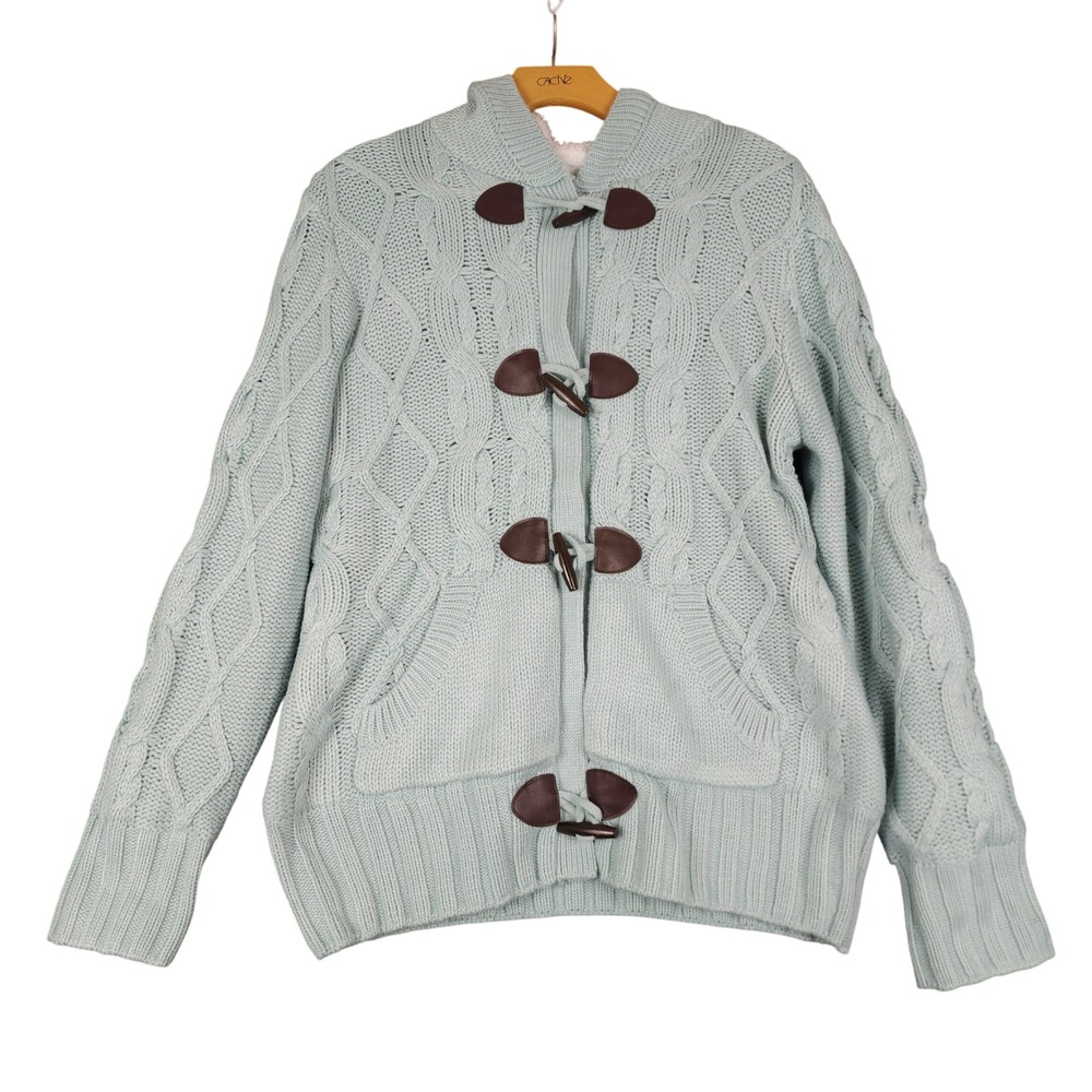 Cache Light Blue Cable Knit Sherpa Lined Hooded Duffle Cardigan Sweater Womens M